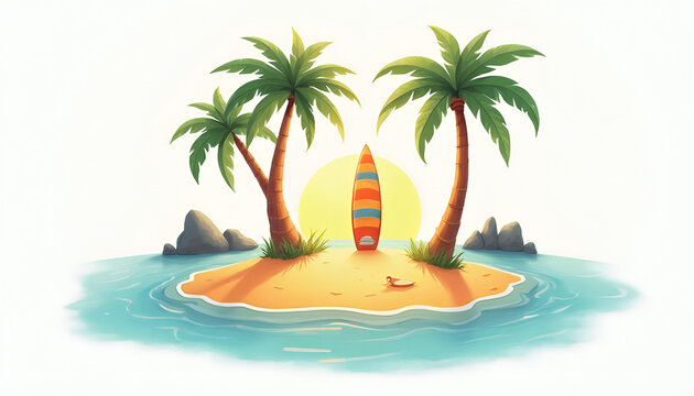 A colorful cartoon illustration of a small tropical island with golden sand, surrounded by blue water. The island features four tall, lush green palm trees and a large blue and orange striped surfboar