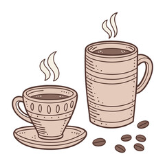 Obraz premium Vector illustration of two steaming coffee cups with beans