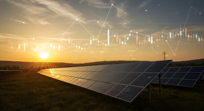 Solar Panels at Sunset with Financial Overlay