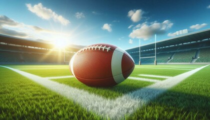 光り輝く競技場に置かれたラグビーボール