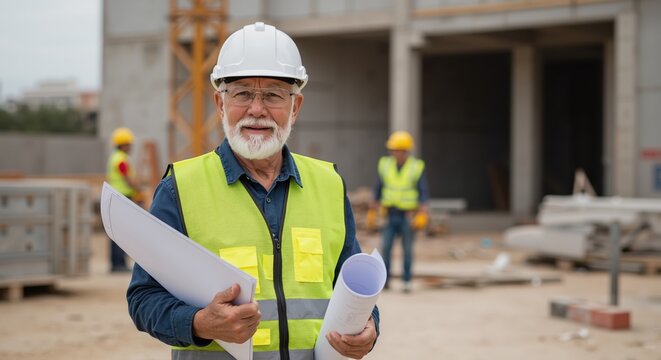 Elderly man holding blueprints while standing on a construction site  