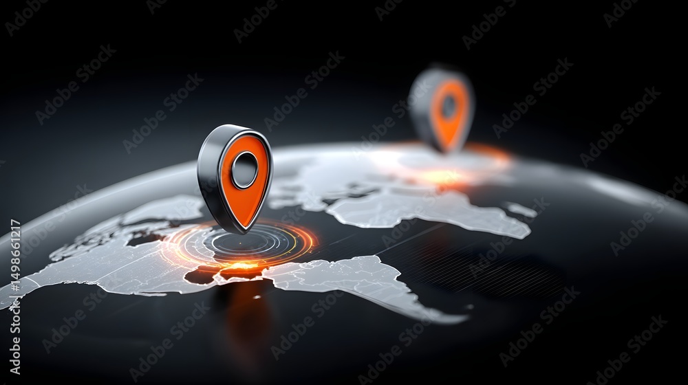 Poster a digital map displaying a location with two pins set, representing ai technology in gps, innovation