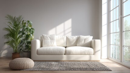 Modern Minimalist Living Room Interior Design: Serene White Sofa with Lush Greenery Near Bright Window