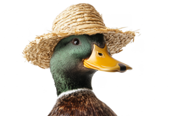 Charming duck wearing a straw hat farm setting animal portrait rural environment close-up view whimsical concept