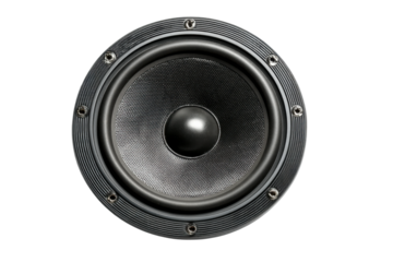 Powerful black subwoofer speaker close-up on black background, cut out