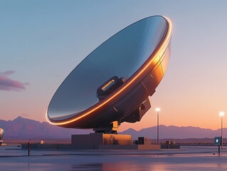 A glowing parabolic dish in a remote, alienthemed landscape