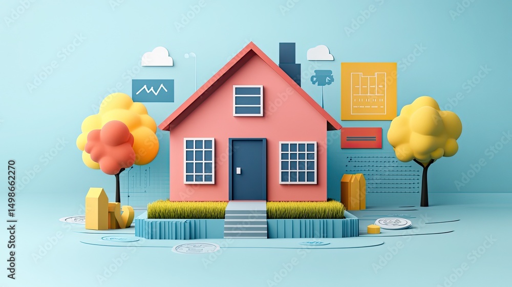 Poster a stylized house with trees and clouds in a pastel color scheme on a blue background scene setting