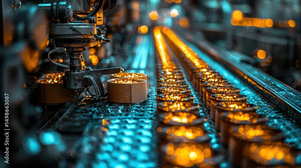 Poster automated production line with glowing items