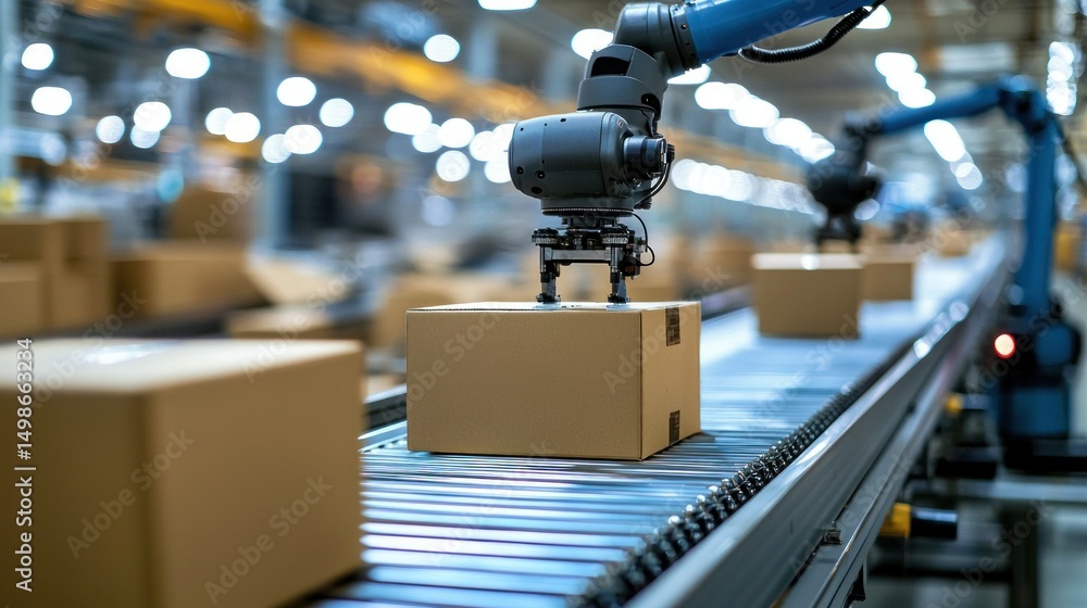 Poster automated robotic arm handling boxes on conveyor belt in factory