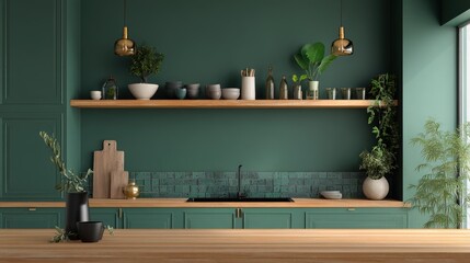 Modern Green Kitchen Interior Design with Wooden Accents and Plants