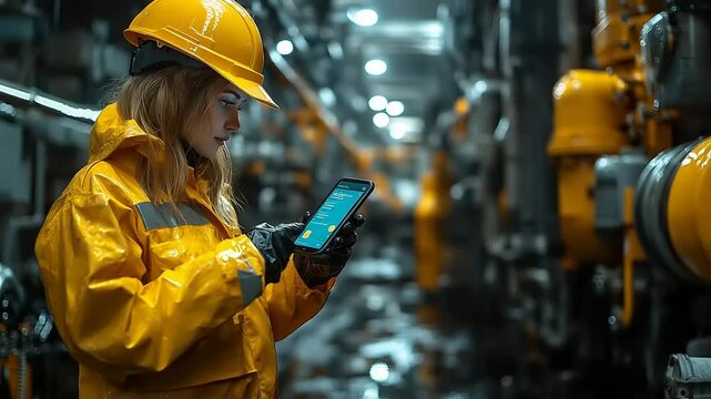Female Engineer Inspecting Industrial Equipment Using Mobile App at Refinery Plant