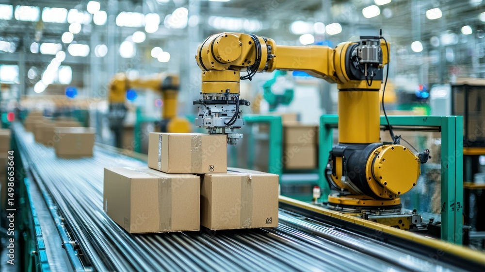 Poster automated robotic arm placing boxes on conveyor belt in a factory