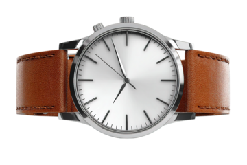 Classic silver watch with brown leather strap time piece wrist watch fashion on transparent background