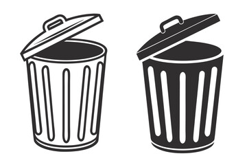 Trash Can Vector Illustration: Open Lid, Minimalist Style, Black and White, Garbage Disposal Icon, Clean Design.