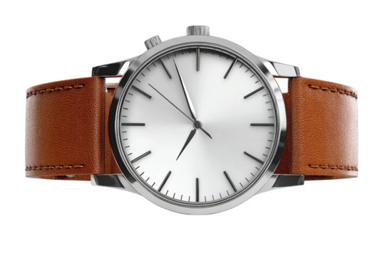 Classic silver watch with brown leather strap time piece wrist watch fashion on transparent background