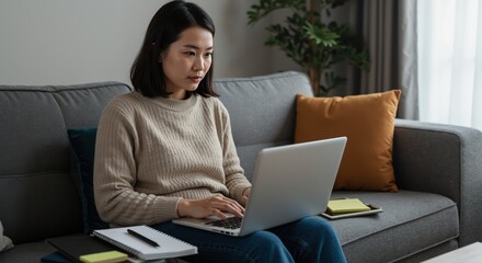 Naklejka premium Woman typing on laptop while sitting on couch in modern living room 