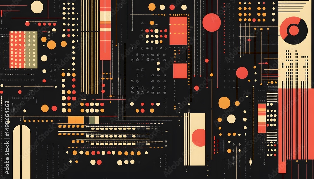 Poster abstract geometric design with various shapes and colors.