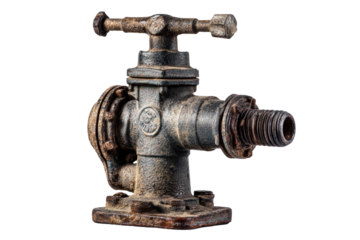 Rusty industrial metal valve with lever on black background, cut out