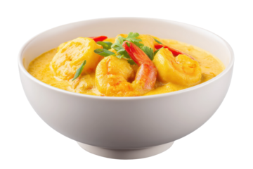 Delicious thai yellow curry with shrimp and pineapple in a white bowl, cut out