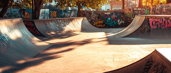 Fototapeta premium Graffiti-covered skatepark with ramps and bowls
