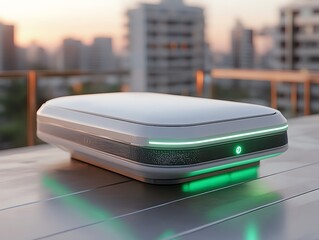 A sleek rooftop antenna emitting faint green light