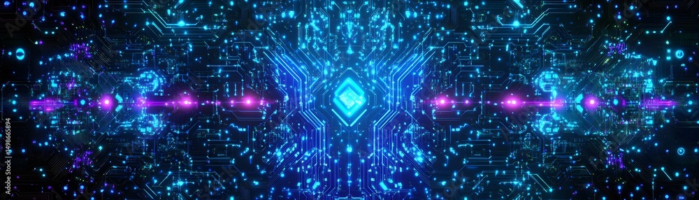 Poster intricate digital circuit pattern design.