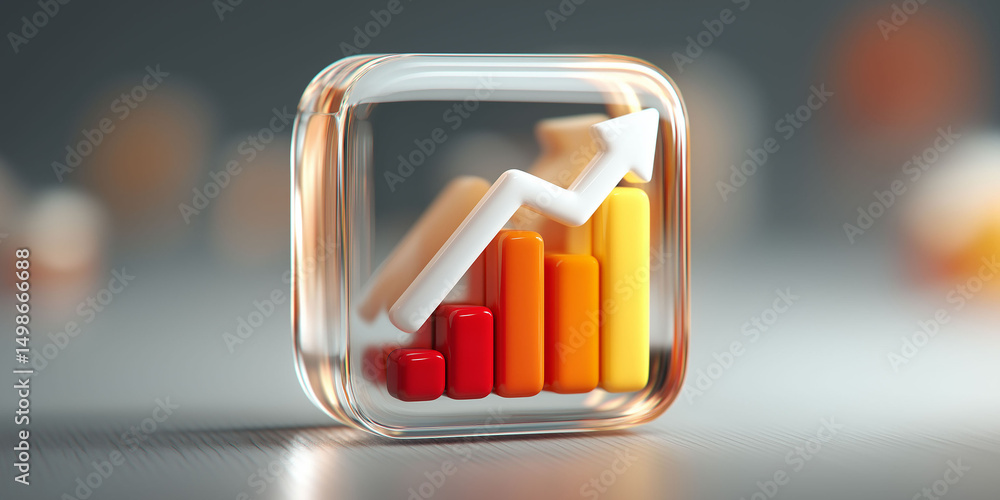Poster 3d illustration of square transparent button with graph icon and ascending arrow, concept of rising 