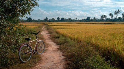Fototapeta premium Bicycle on a rice paddy path