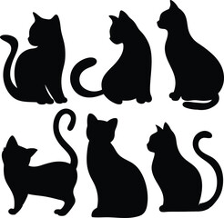 Six Black Cat Silhouettes in Various Poses