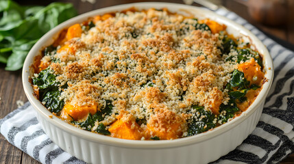A spinach and sweet potato casserole topped with breadcrumbs and cheese.