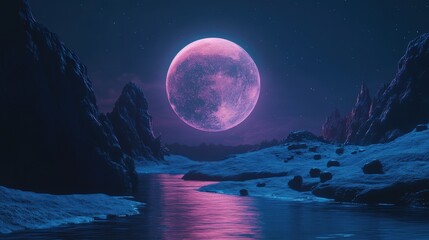 Enchanting Night Landscape with Vibrant Pink Moon Over Water