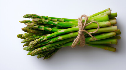 Bundle of fresh green asparagus tied with twine on a white background.
