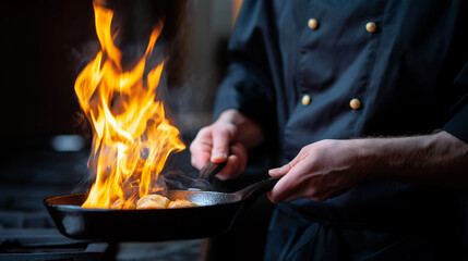 Professional chef in black uniform flambéing food in a pan with dramatic flames against a dark background.

