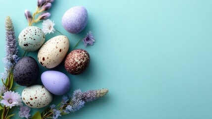 Obraz premium Pastel Easter Eggs and Spring Flowers on Blue Background