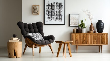 Modern Living Room Interior Design with Comfortable Armchair and Wooden Cabinet