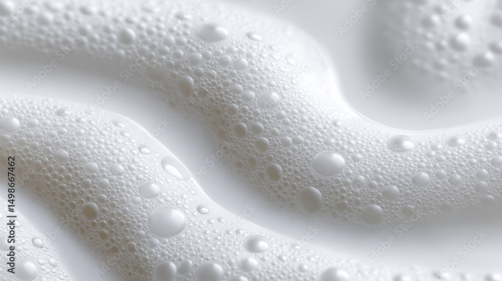 Poster close-up of white foam texture with soft waves and bubbles on a smooth surface.