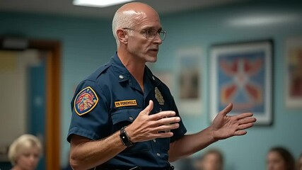 Firefighter Addressing Audience at Community Meeting: Training and Safety Presentation