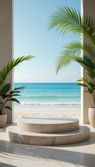 Ecommerce product stand with palm trees and sea