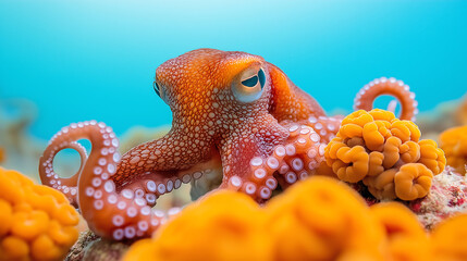 A mesmerizing octopus blends into the rocky seafloor, its skin shifting color and texture as its tentacles curl and uncurl while it glides through the water in search of prey.