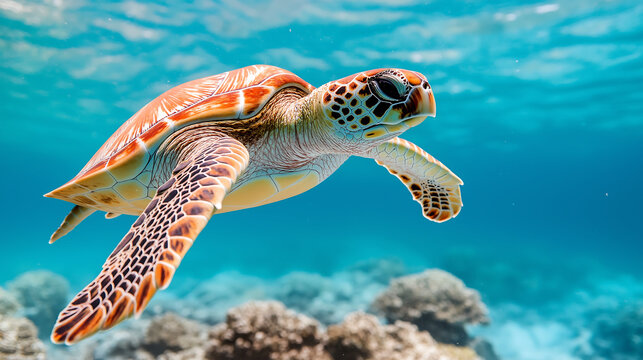 A majestic sea turtle glides lazily through a coral reef, its patterned shell and calm movement adding grace and beauty to the peaceful underwater world.