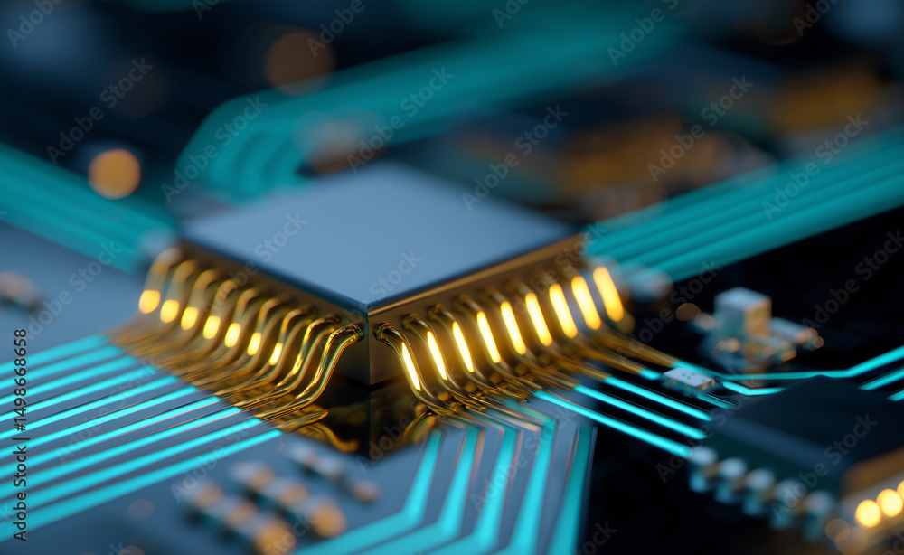 Poster close-up of a microchip with gold connectors mounted on a dark, illuminated circuit board.