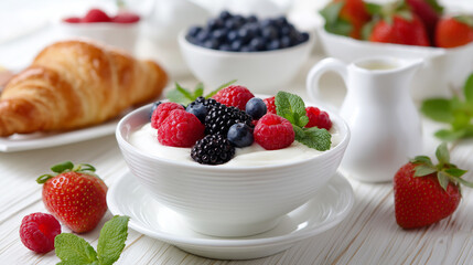 Breakfast setting with a bowl of yogurt topped with fresh raspberries, blueberries, and mint, served with a croissant.
