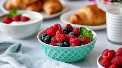 Breakfast setting with a bowl of yogurt topped with fresh raspberries, blueberries, and mint, served with a croissant.
