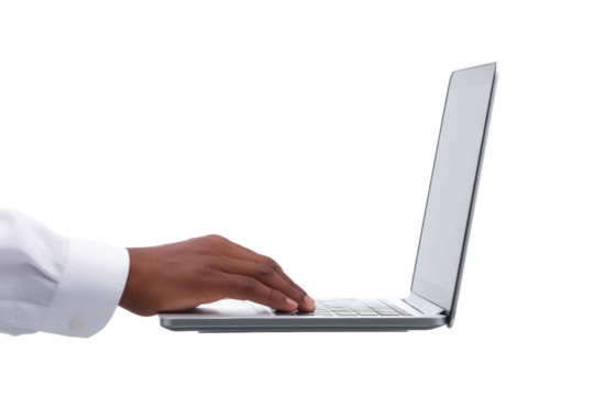 African male hand typing on laptop in white shirt, cut out