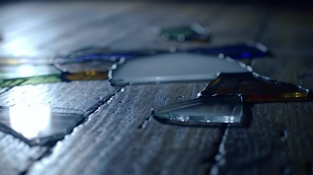 Broken Colorful Glass Shards Scattered on Wood Floor in Low Key Lighting