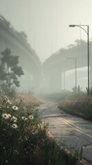 Overgrown path beneath foggy overpass surrounded by lush greenery.