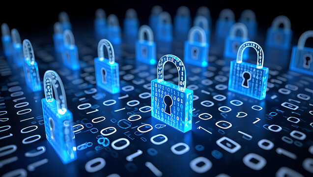 Close-up of a blue binary code lock on a circuit board, symbolizing secure digital technology and internet data