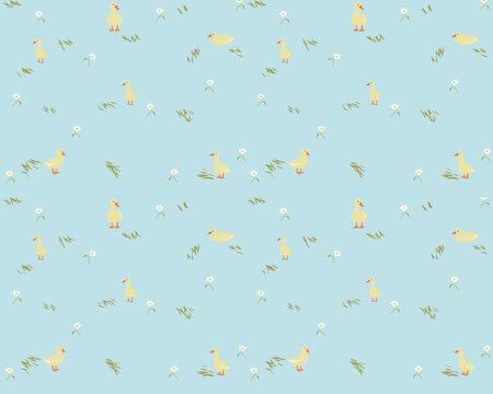 Seamless little duck with vintage color textured vector illustration for wallpaper background. Cute hand drawn for printable or wrapping