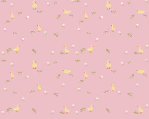 Seamless little duck with vintage color textured vector illustration for wallpaper background. Cute hand drawn for printable or wrapping