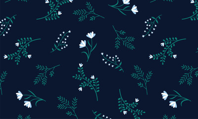 Elegant Seamless Floral Pattern with White Flowers on Dark Blue Background.